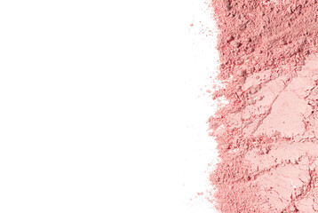 Background texture swatches of cosmetic pink clay kaolin, shadows, blush powder on a white isolated...