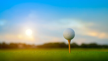Golf ball on green grass in the evening golf course with sunshine background.