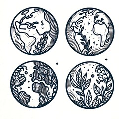 Collection of freehand world map sketch on globe.
