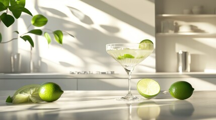 Margarita cocktail with lemon on table in white kitchen. Alcoholic drink. Generation of Ai