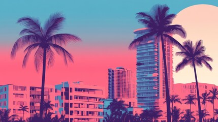 Miami Summer Vibes retro illustration. Vintage pink and blue colors, buildings, California palm trees, 80s style. Generation of Ai