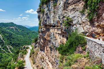 View of Holy Kipinas Monastery. The monastery was constructed on a cliff overlooking a narrow...