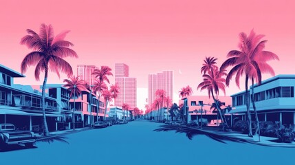 Miami Summer Vibes retro illustration. Vintage pink and blue colors, buildings, California palm trees, 80s style. Generation of Ai