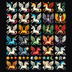 Obraz premium Colorful pixel art icons of Hippogriff for RPG use