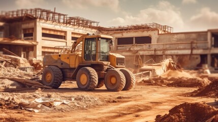 Obraz premium Demolition Work, Yellow Excavator on a Construction Site