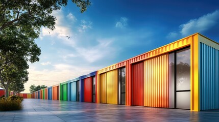 Naklejka premium Mini colorful metal sheds for rent, shed exterior, industrial garage building. Ai generation