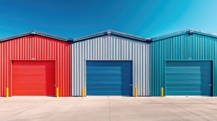 Obraz premium Mini colorful metal sheds for rent, shed exterior, industrial garage building. Ai generation
