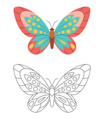 Butterfly Coloring page template. Colorful and black white butterfly doodle style. Beautiful insects line art, Hand Drawn. Retro style. Spring summer seasons. Coloring book