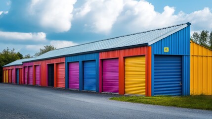 Mini colorful metal sheds for rent, shed exterior, industrial garage building. Ai generation