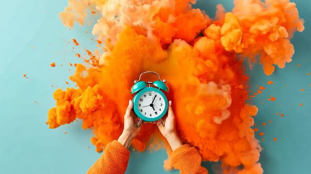 Hands grasp a vivid blue clock as vibrant orange powder bursts dramatically, showcasing creativity and energy in an artistic moment