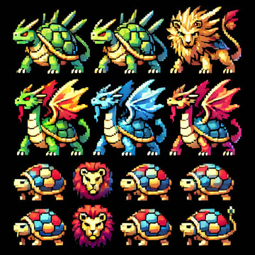 Colorful pixel art icons of Tarasque for RPG use