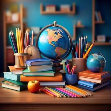 mat&eacute;riel et  fourniture scolaire en ia autour d'une map monde