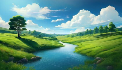  緑豊かな草で覆われた丘陵地帯の風景素材B