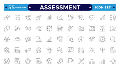  Assessment icons set. Editable stroke outline icon with goals, results, process, quality, evaluation, planning, analysis, auditing, financial report, measuring, expertise. 