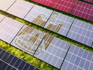 Solar farm superimposed with flag of Egypt. Symbolizing solar power and panel demand, renewable energy industry, government policy, and sustainability initiatives in the country.