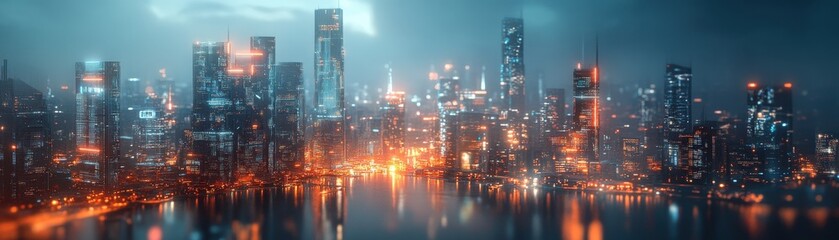 Fototapeta premium A vibrant, futuristic city skyline illuminated at night, reflecting on water.