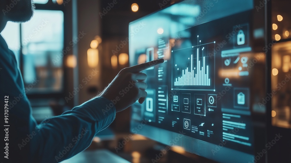 Aufkleber a man is pointing at a computer screen with a graph on it. the graph shows a downward trend, which c
