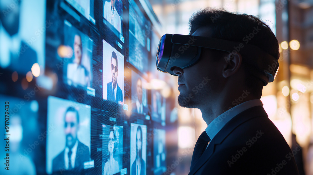 Poster a man wearing a vr headset is looking at a screen with many faces on it. concept of curiosity and wo