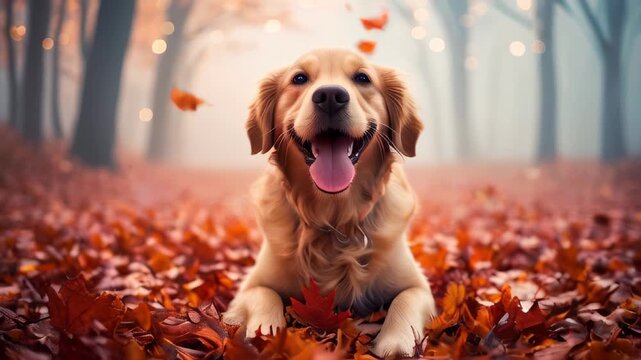 golden retriever in autumn forest. cheerful dog sits among vibrant autumn leaves in a foggy forest. The dog's tongue is out in a happy pant, with a backdrop of orange foliage and tall, misty trees