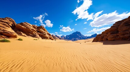 A sand dune in the middle of a desert with mountains in the background
