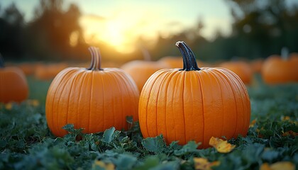 Pumpkin patch during sunset. closeup of fall autumn pumpkin patch full of pumpkins. pumpkins on grass for halloween decoration or food preparation. pumpkin patch decor
