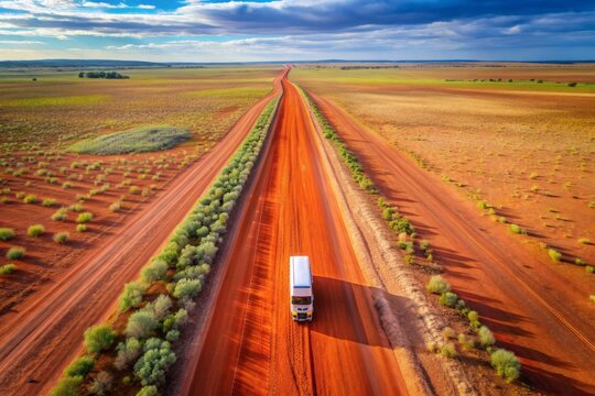 Top view single truck driving in red sand desert, tanami