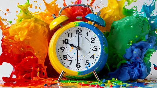A colorful explosion surrounds a clock, symbolizing the rush of time and the beauty of creativity at the break of day