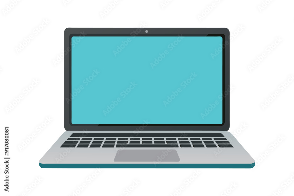 Poster 2500a laptop with a blank screen sits on a blue desk next to a stack of three books and a wireless m