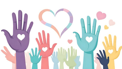 Fototapeta premium a group of raised hands in a colorful banner in vector style, symbolizing unity, volunteerism, and collective effort It represents the concept of helping hands coming together