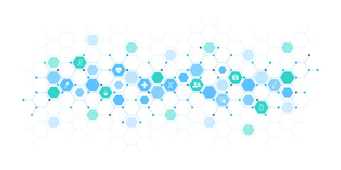 Medical background and healthcare technology with flat icons and symbols. Concept and idea for health care business, innovation medicine, health safety, science, medical research, and development.