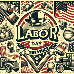 Vintage Labor Day Celebration Collage Featuring Patriotic American Icons, Fireworks, Classic Work Tools, and Symbols of Labor - Perfect for Posters, Banners, and Marketing Materials Celebrating Worker