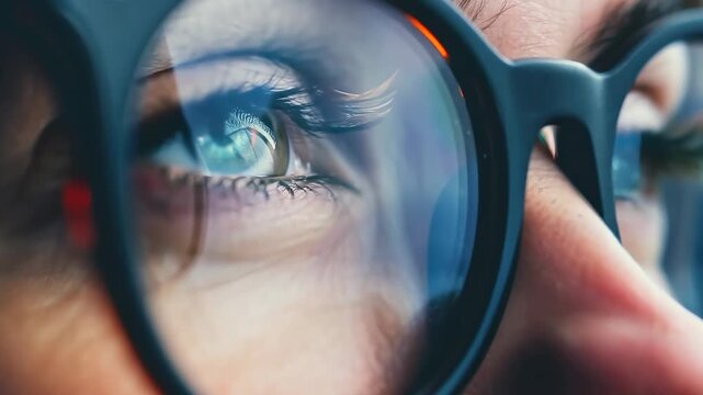 A close-up captures the fascinating nuance of a person's eyes behind fashionable glasses, reflecting vibrant surroundings on a bright day