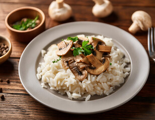 Traditional cooked rice with champignon slices served on plate on wooden rustik table 