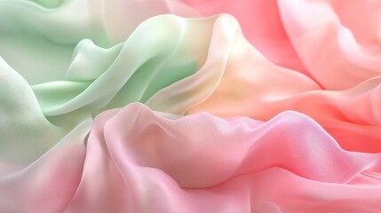 Light pink and green flowing chiffon fabric texture. Bright summer banner, material, photorealistic abstract background. AI generation