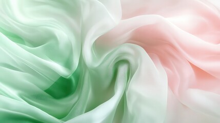 Fototapeta premium Light pink and green flowing chiffon fabric texture. Bright summer banner, material, photorealistic abstract background. AI generation
