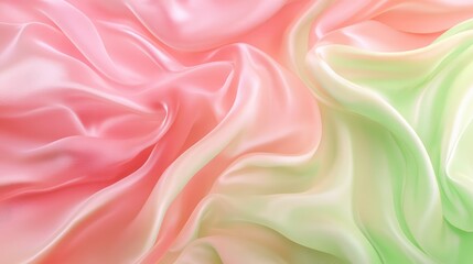 Fototapeta premium Light pink and green flowing chiffon fabric texture. Bright summer banner, material, photorealistic abstract background. AI generation