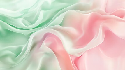 Fototapeta premium Light pink and green flowing chiffon fabric texture. Bright summer banner, material, photorealistic abstract background. AI generation