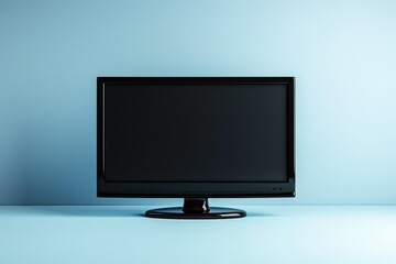 Fototapeta premium Black television on a blue background in a minimalist setting