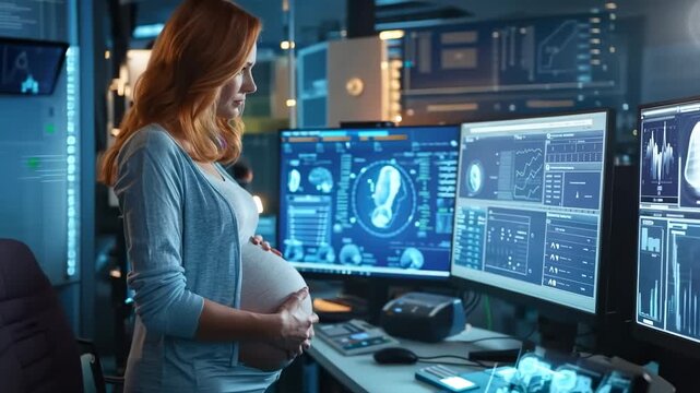 A pregnant woman intently views high-tech displays, balancing her anticipation of motherhood with a demanding career in an advanced research environment