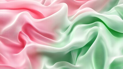 Obraz premium Light pink and green flowing chiffon fabric texture. Bright summer banner, material, photorealistic abstract background. AI generation