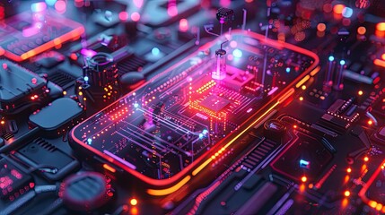 Fototapeta premium Through the interior of the phone screen, transparency, structure of the phone, 3D, cyberpunk, neon lights
