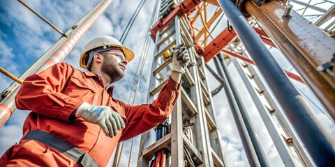 Focused Engineer Operating a Crane on an Oil Rig. A diligent engineer in a bright orange safety suit and hard hat is seen operating a heavy-duty crane on an oil rig.