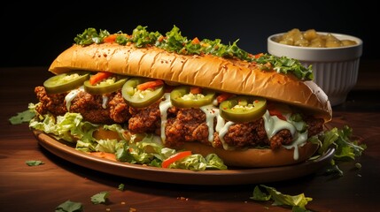 Po'boy sandwich, detailed view highlighting the rich textures, front view from above, studio lighting, white background.