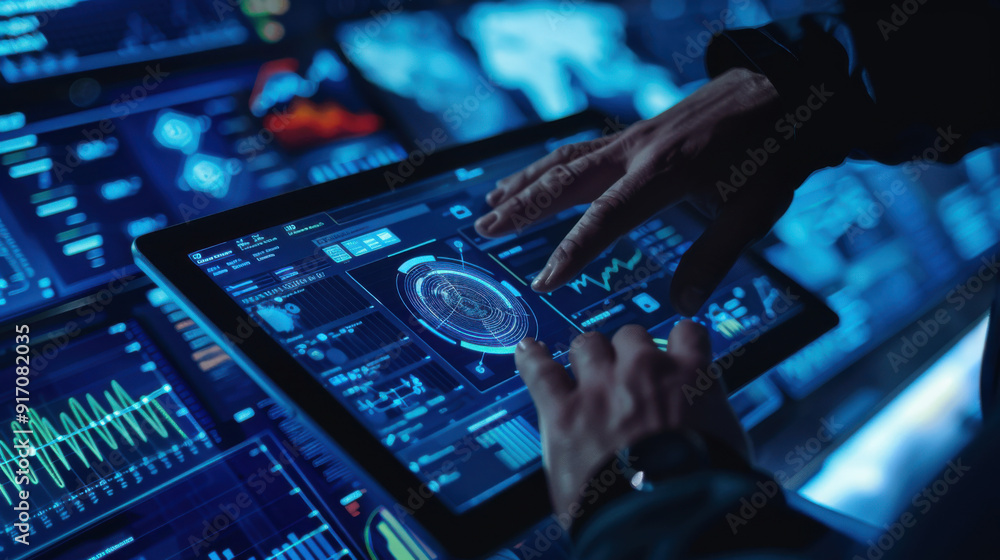 Poster user configuring cybersecurity settings on a tablet