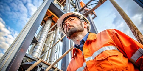 Focused Engineer Operating a Crane on an Oil Rig. A diligent engineer in a bright orange safety suit and hard hat is seen operating a heavy-duty crane on an oil rig.