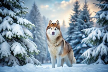 Majestic Siberian husky stands alone, surrounded by snow-covered evergreen trees, with a serene winter wonderland landscape background, showcasing its thick fur and piercing eyes.