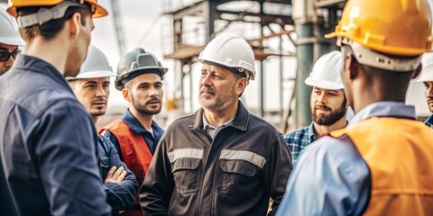 Offshore Oil Rig Crew Meeting. Group of male engineers in hard hats engaged in a serious discussion at an industrial site, emphasizing teamwork and leadership in a professional setting.