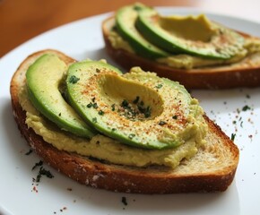Avocado hummus toast served on whole grain bread with spices
