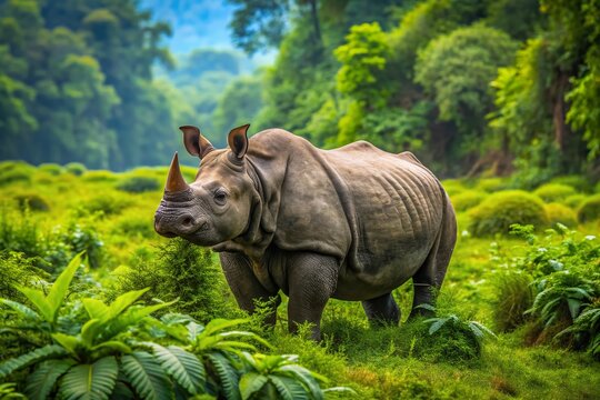 Majestic javan rhino roaming freely in its natural habitat, peacefully grazing on lush green grasses and shrubs in a serene and tranquil forest setting.