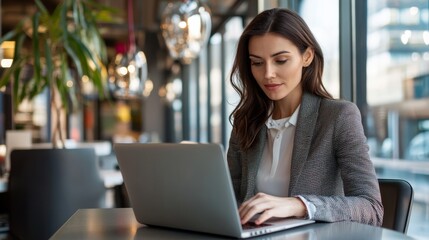 Professional female employee or a businesswoman using a laptop in a modern office. Copy space